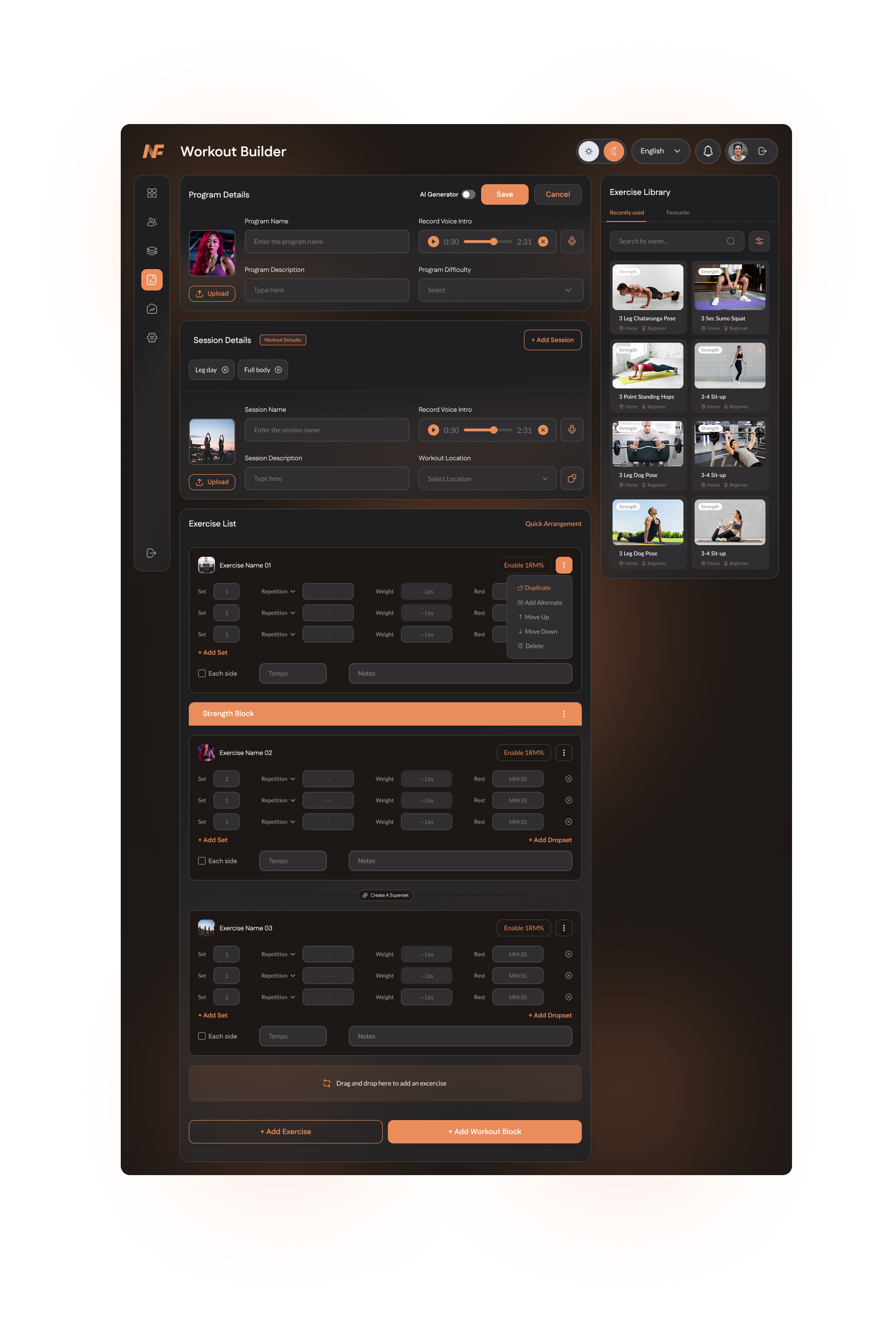 NOWFit drag-and-drop workout builder on the coaching platform